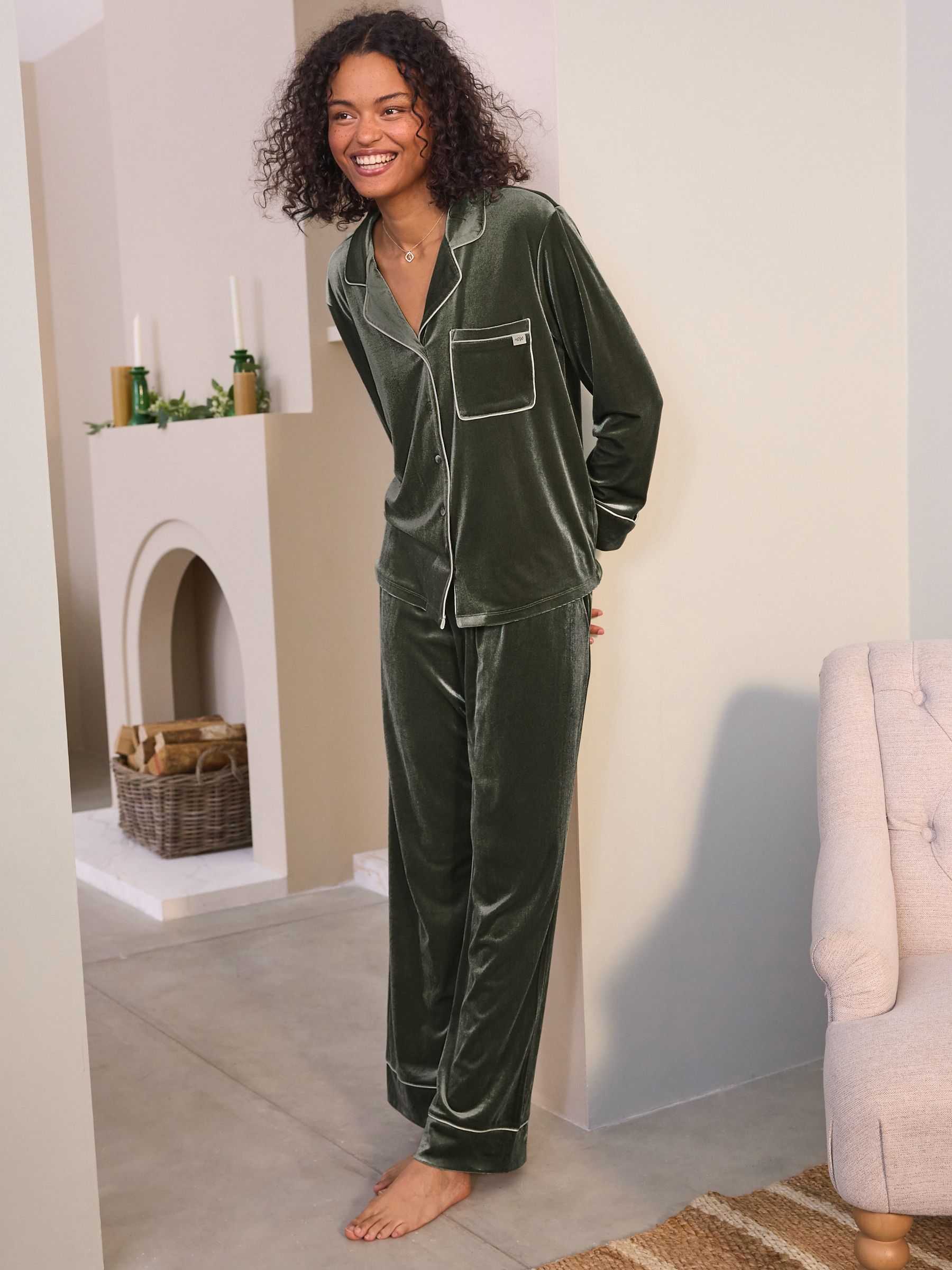 Buy Laura Ashley Green Button Through Velvet Pyjamas Set from Next Denmark