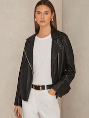 Reiss Black Beau Relaxed Leather Biker Jacket - Image 1 of 6