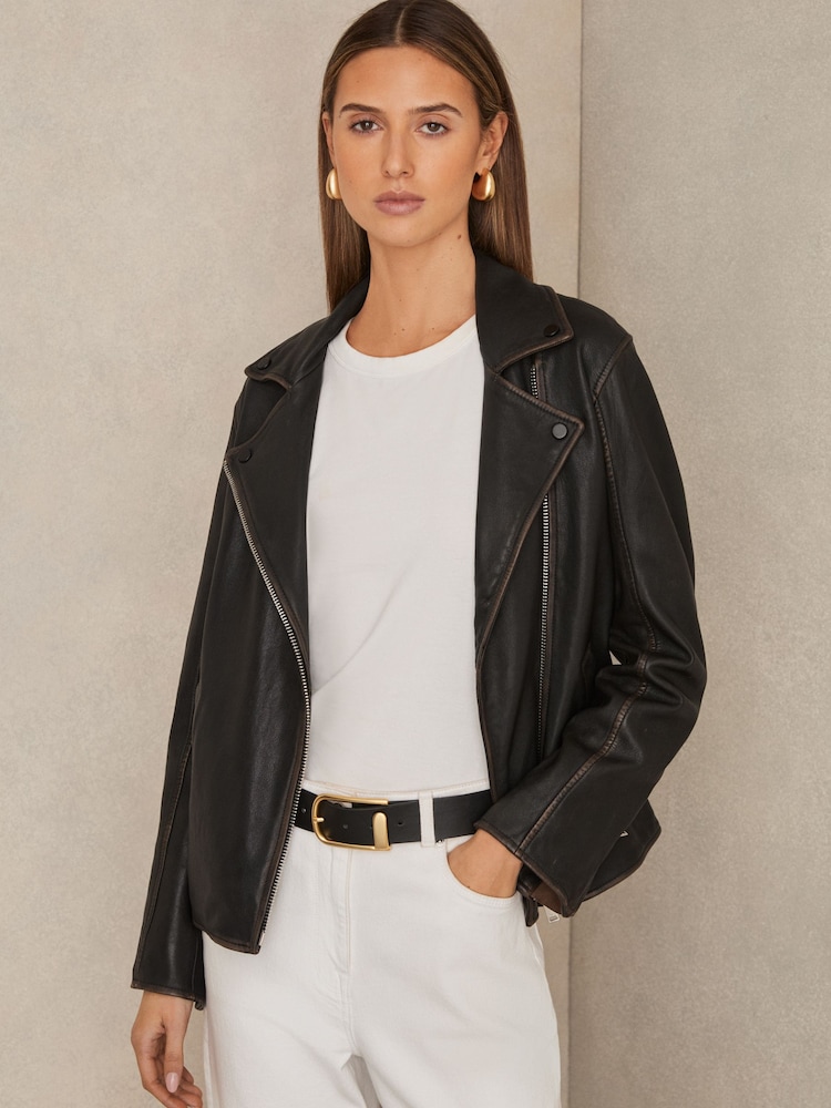 Reiss Black Beau Relaxed Leather Biker Jacket - Image 1 of 6