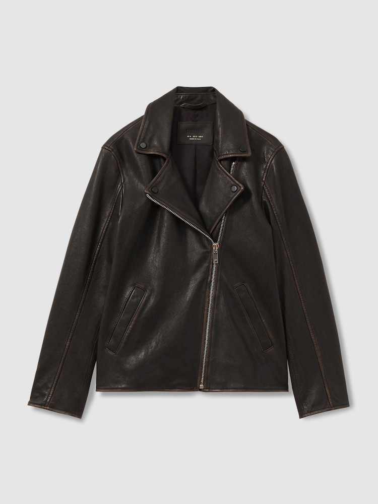 Reiss Black Beau Relaxed Leather Biker Jacket - Image 2 of 6