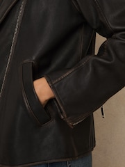 Reiss Black Beau Relaxed Leather Biker Jacket - Image 4 of 6
