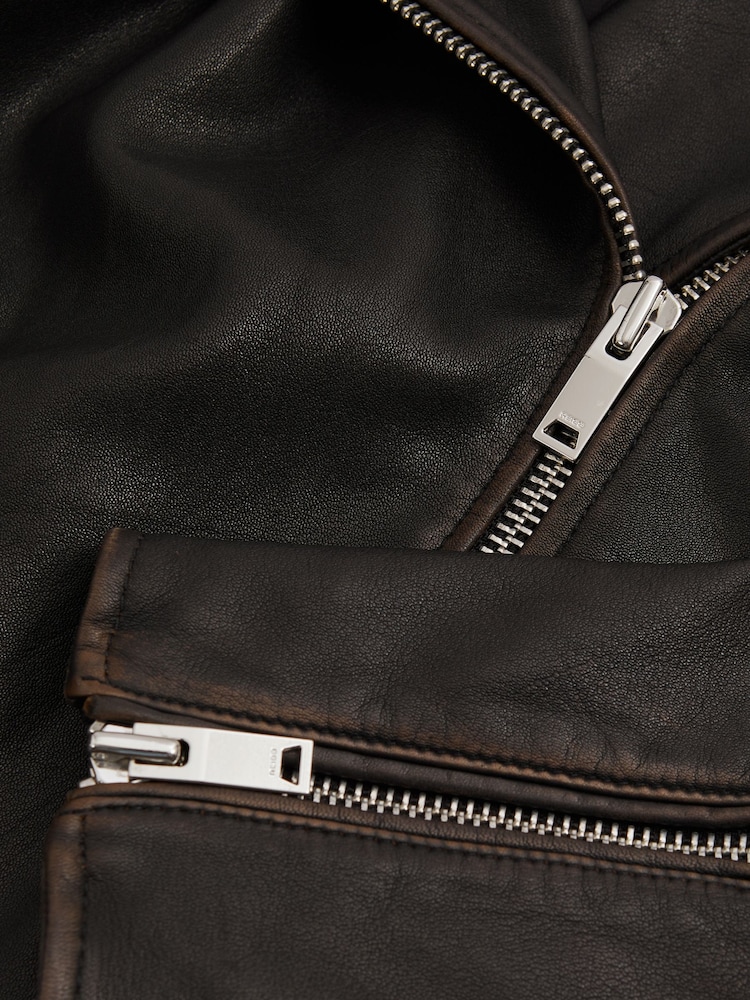 Reiss Black Beau Relaxed Leather Biker Jacket - Image 6 of 6