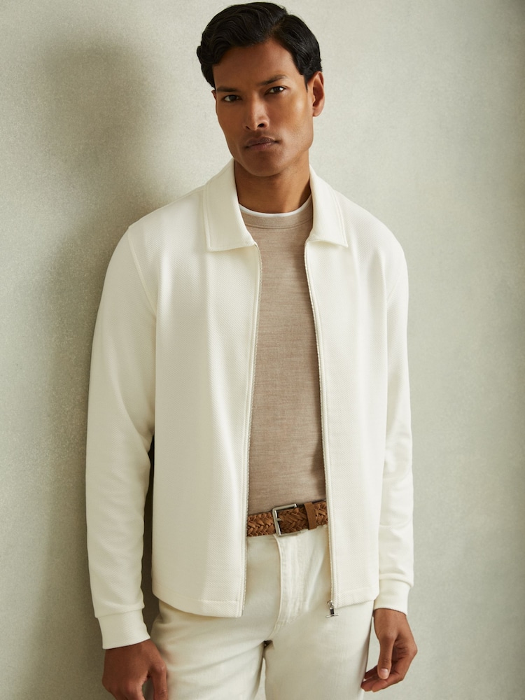 Reiss Off White Hudson Textured Zip-Through Overshirt - Image 1 of 6