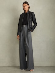 Reiss Black Darby Leather Zip-Front Biker Jacket - Image 1 of 6