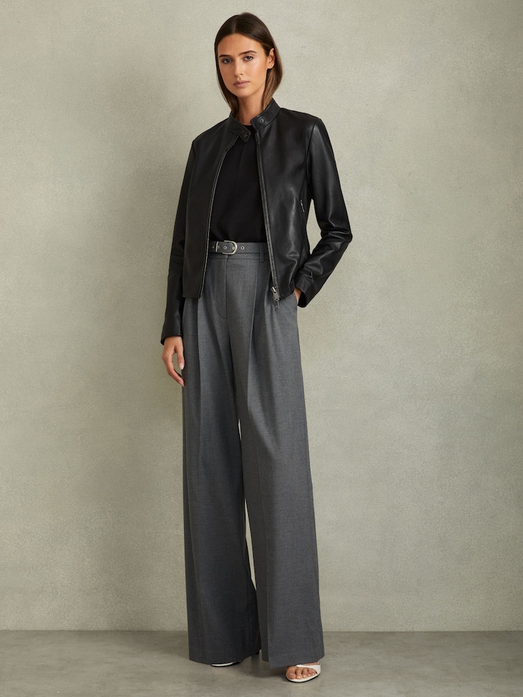 Reiss Black Darby Leather Zip-Front Biker Jacket - Image 1 of 6