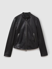 Reiss Black Darby Leather Zip-Front Biker Jacket - Image 2 of 6