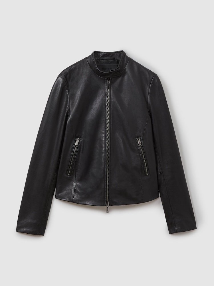 Reiss Black Darby Leather Zip-Front Biker Jacket - Image 2 of 6