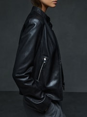 Reiss Black Darby Leather Zip-Front Biker Jacket - Image 5 of 6