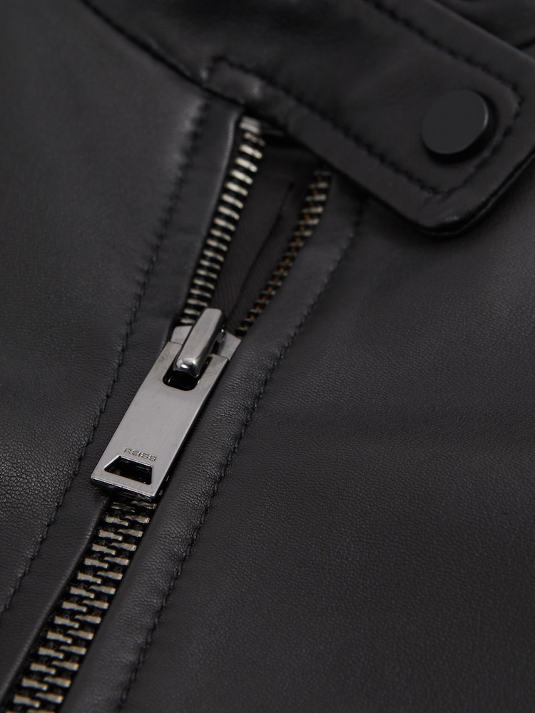 Reiss Black Darby Leather Zip-Front Biker Jacket - Image 6 of 6