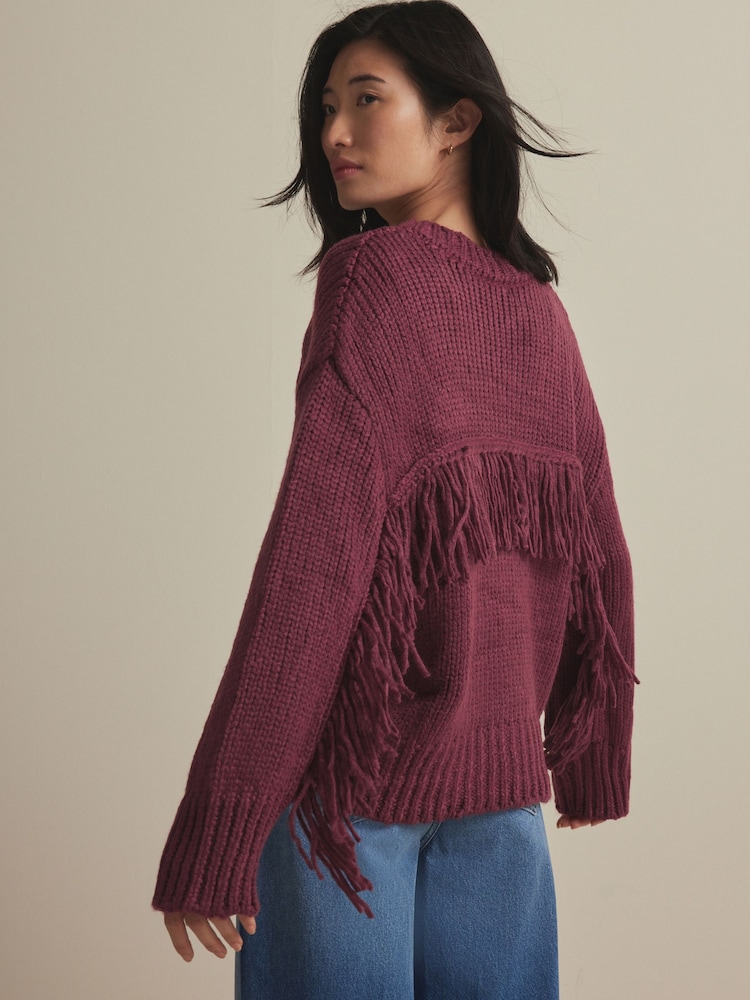 Red Burgundy Fringe Detail Knitted Jumper with Wool - Image 1 of 8