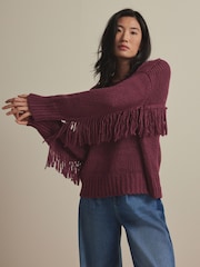 Red Burgundy Fringe Detail Knitted Jumper with Wool - Image 3 of 8