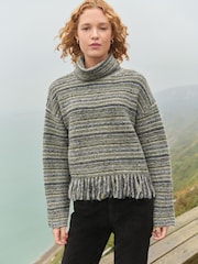 Green Khaki Fringe Spacedye High Roll Neck Knitted Jumper with Wool - Image 1 of 9
