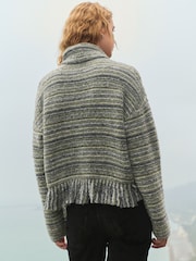 Green Khaki Fringe Spacedye High Roll Neck Knitted Jumper with Wool - Image 3 of 9