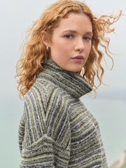 Green Khaki Fringe Spacedye High Roll Neck Knitted Jumper with Wool - Image 4 of 9