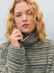 Green Khaki Fringe Spacedye High Roll Neck Knitted Jumper with Wool - Image 5 of 9
