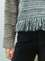 Green Khaki Fringe Spacedye High Roll Neck Knitted Jumper with Wool - Image 6 of 9