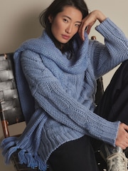 Blue Chambray V-Neck Chunky Cable Knit Jumper - Image 1 of 9