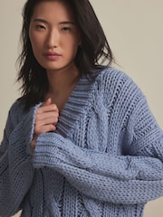 Blue Chambray V-Neck Chunky Cable Knit Jumper - Image 2 of 9