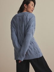Blue Chambray V-Neck Chunky Cable Knit Jumper - Image 4 of 9