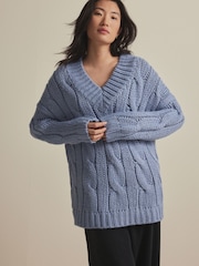 Blue Chambray V-Neck Chunky Cable Knit Jumper - Image 5 of 9