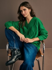 Green Bright Cable Knitted Longline V-Neck Tunic Jumper with Wool - Image 1 of 7