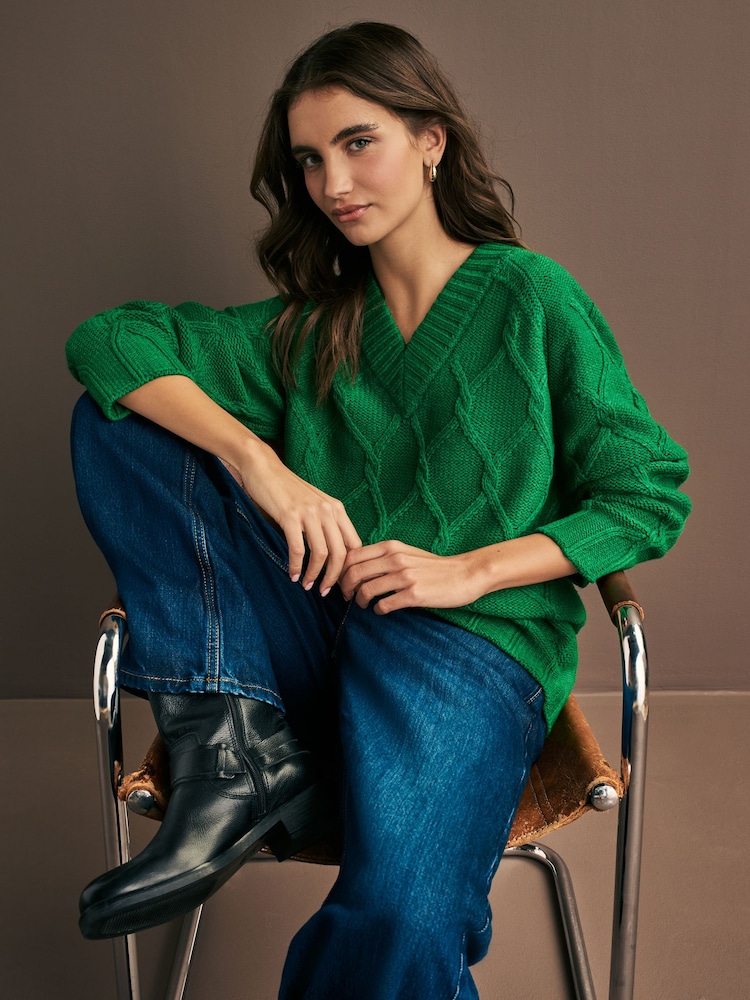 Green Bright Cable Knitted Longline V-Neck Tunic Jumper with Wool - Image 1 of 7