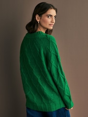 Green Bright Cable Knitted Longline V-Neck Tunic Jumper with Wool - Image 3 of 7