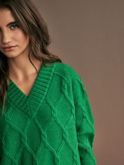Green Bright Cable Knitted Longline V-Neck Tunic Jumper with Wool - Image 4 of 7