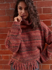 Red Berry Fringe Spacedye High Roll Neck Knitted Jumper with Wool - Image 1 of 7