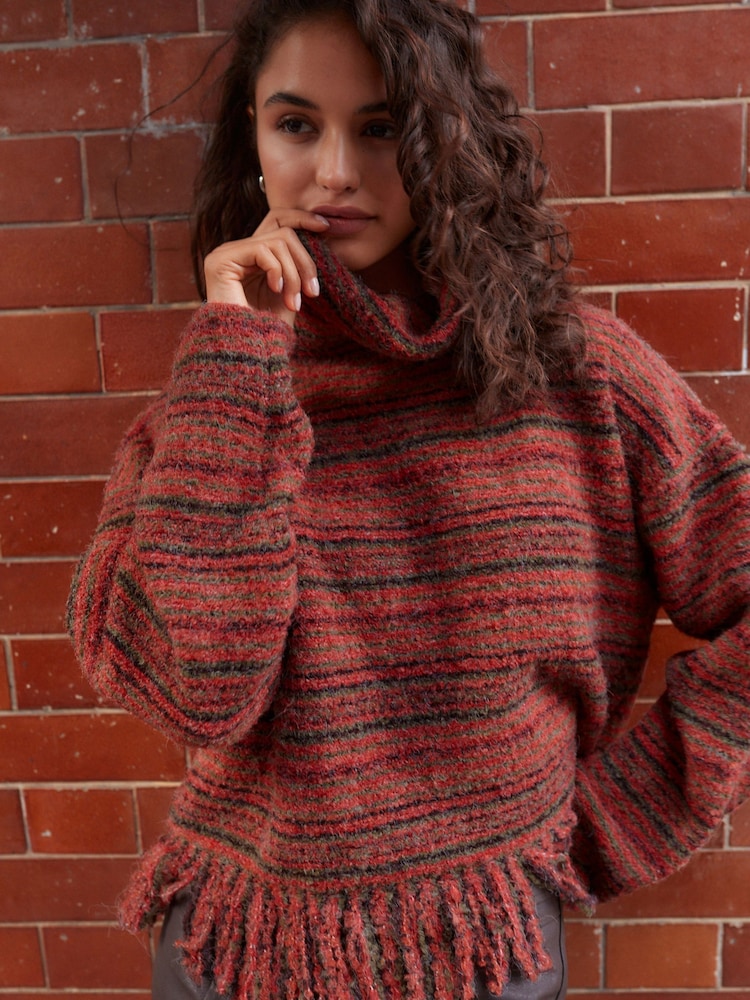 Red Berry Fringe Spacedye High Roll Neck Knitted Jumper with Wool - Image 1 of 7