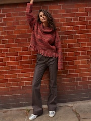Red Berry Fringe Spacedye High Roll Neck Knitted Jumper with Wool - Image 2 of 7