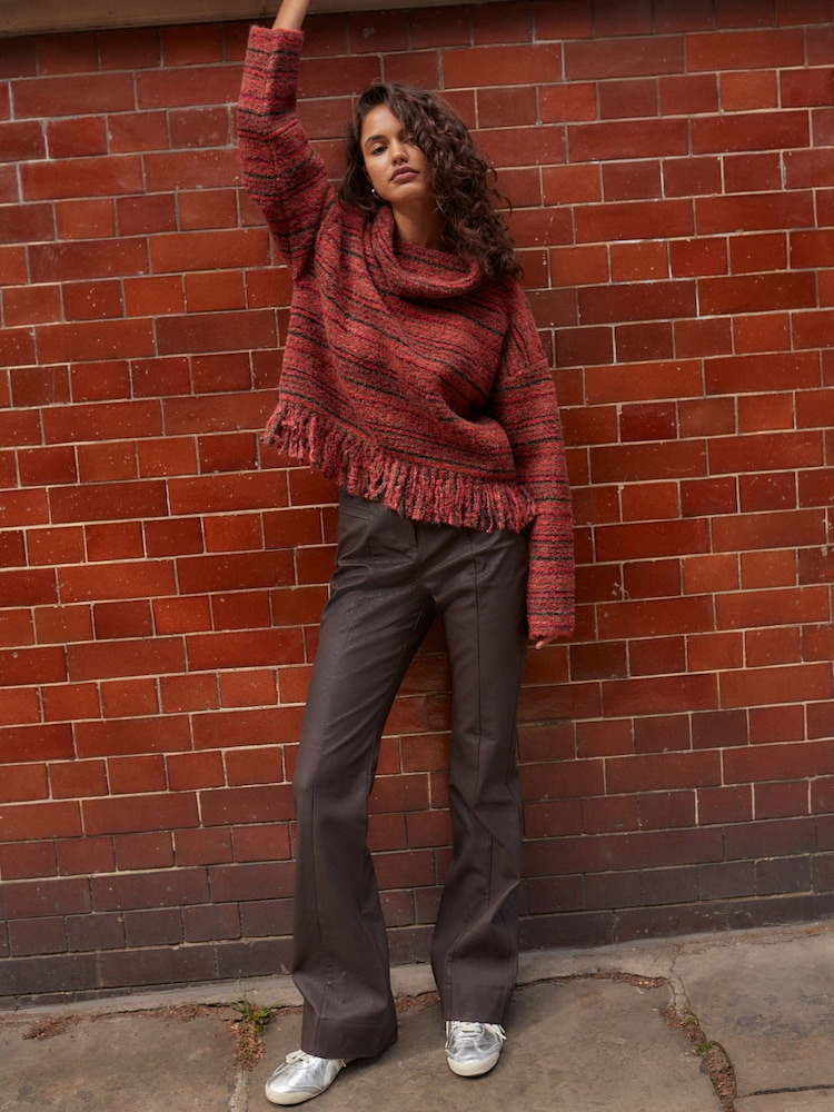 Red Berry Fringe Spacedye High Roll Neck Knitted Jumper with Wool - Image 2 of 7