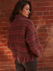 Red Berry Fringe Spacedye High Roll Neck Knitted Jumper with Wool - Image 3 of 7