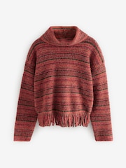 Red Berry Fringe Spacedye High Roll Neck Knitted Jumper with Wool - Image 5 of 7