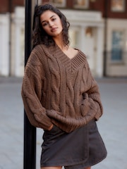 Brown Chocolate V-Neck Chunky Cable Knit Jumper - Image 1 of 8