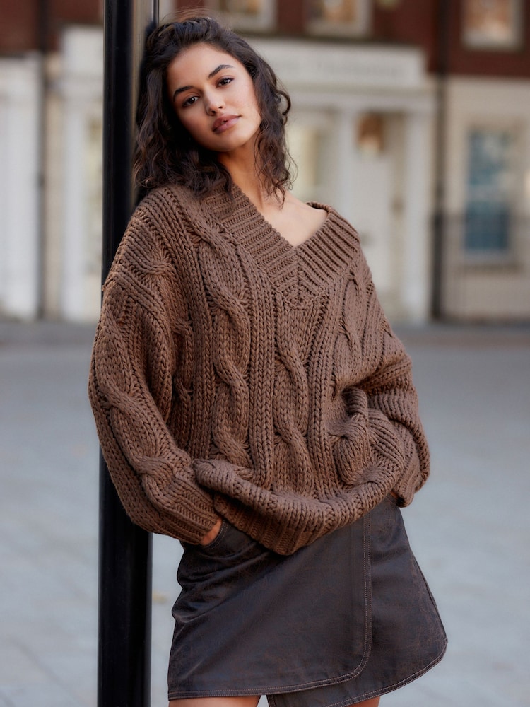 Brown Chocolate V-Neck Chunky Cable Knit Jumper - Image 1 of 8