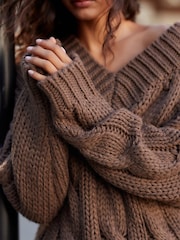 Brown Chocolate V-Neck Chunky Cable Knit Jumper - Image 4 of 8