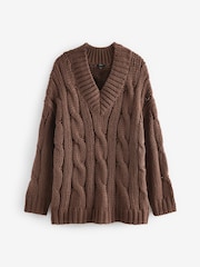 Brown Chocolate V-Neck Chunky Cable Knit Jumper - Image 5 of 8