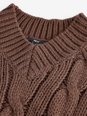 Brown Chocolate V-Neck Chunky Cable Knit Jumper - Image 7 of 8
