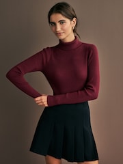 Red Burgundy High Roll Neck Rib Knitted Jumper with Wool - Image 1 of 6
