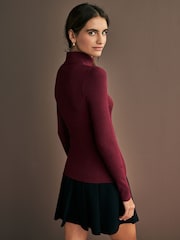 Red Burgundy High Roll Neck Rib Knitted Jumper with Wool - Image 2 of 6