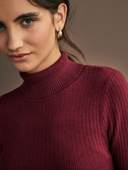 Red Burgundy High Roll Neck Rib Knitted Jumper with Wool - Image 3 of 6