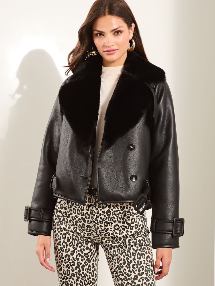 Lipsy Black Bonded Faux Fur Crop Trench Jacket - Image 1 of 5