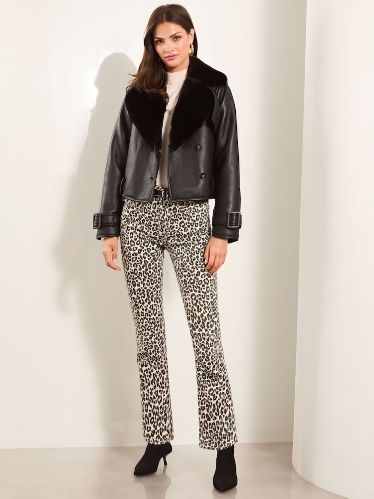 Lipsy Black Bonded Faux Fur Crop Trench Jacket - Image 2 of 5
