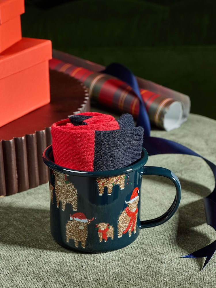 Red Hamish Hamish Christmas Print Mug and Socks Set - Image 1 of 3 Red Hamish Hamish Christmas Print Mug and Socks Set - Image 1 of 3