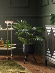 Green Artificial Fan Palm Plant In Black Woven Planter - Image 1 of 5