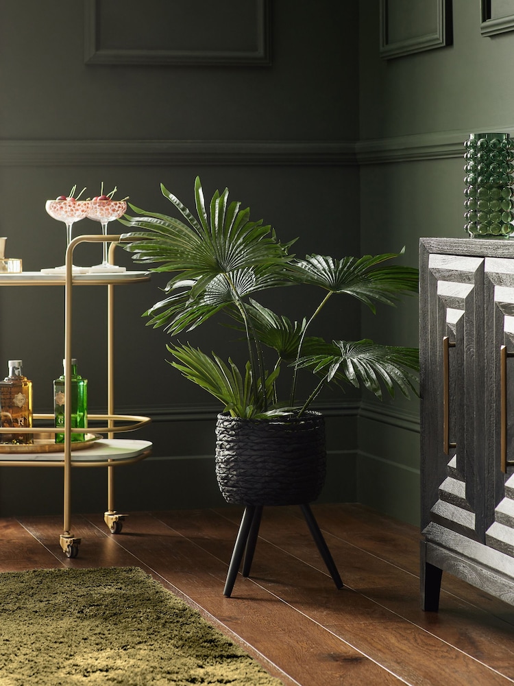 Green Artificial Fan Palm Plant In Black Woven Planter - Image 1 of 5 Green Artificial Fan Palm Plant In Black Woven Planter - Image 1 of 5