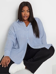 Yours Curve Blue Pinstripe Linen Shirt - Image 1 of 6