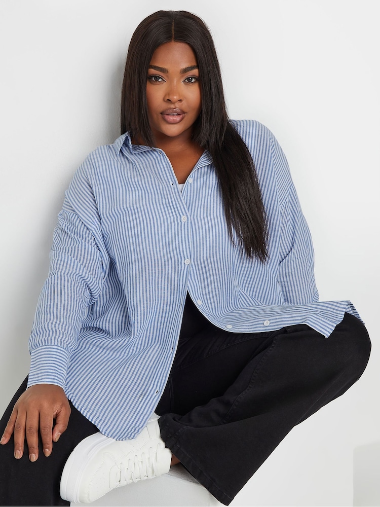 Yours Curve Blue Pinstripe Linen Shirt - Image 1 of 6