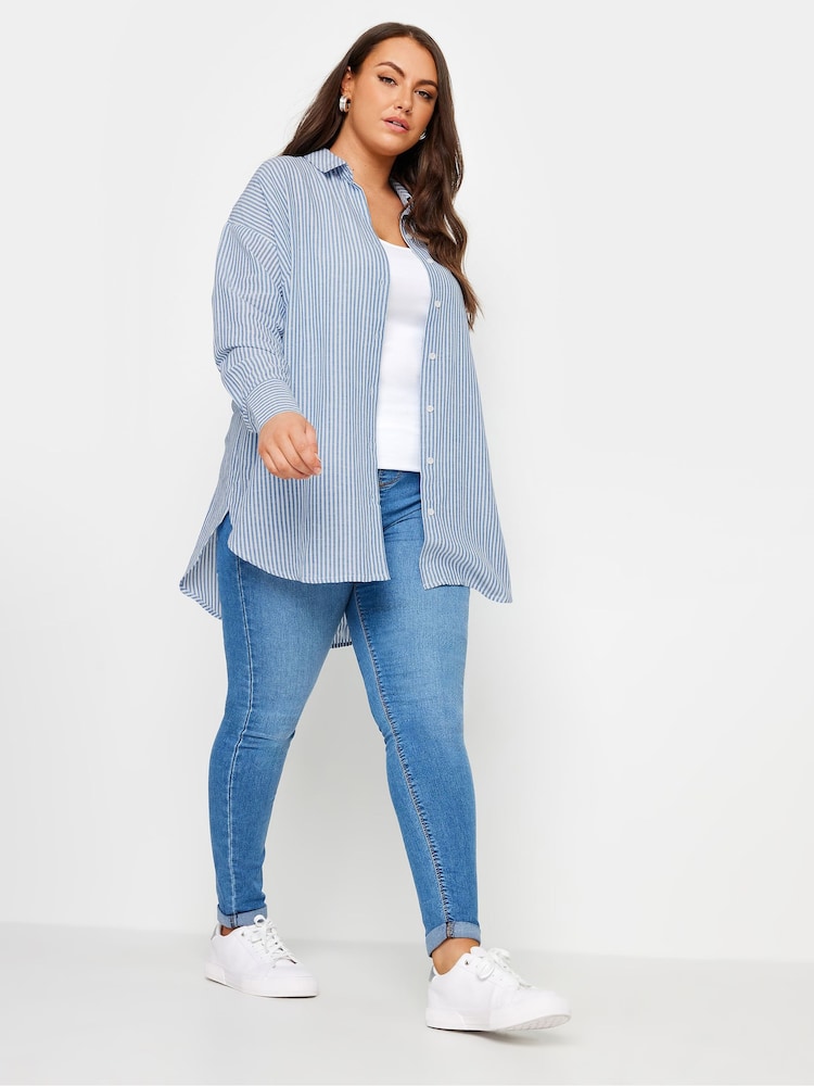 Yours Curve Blue Pinstripe Linen Shirt - Image 10 of 10 Yours Curve Blue Pinstripe Linen Shirt - Image 10 of 10